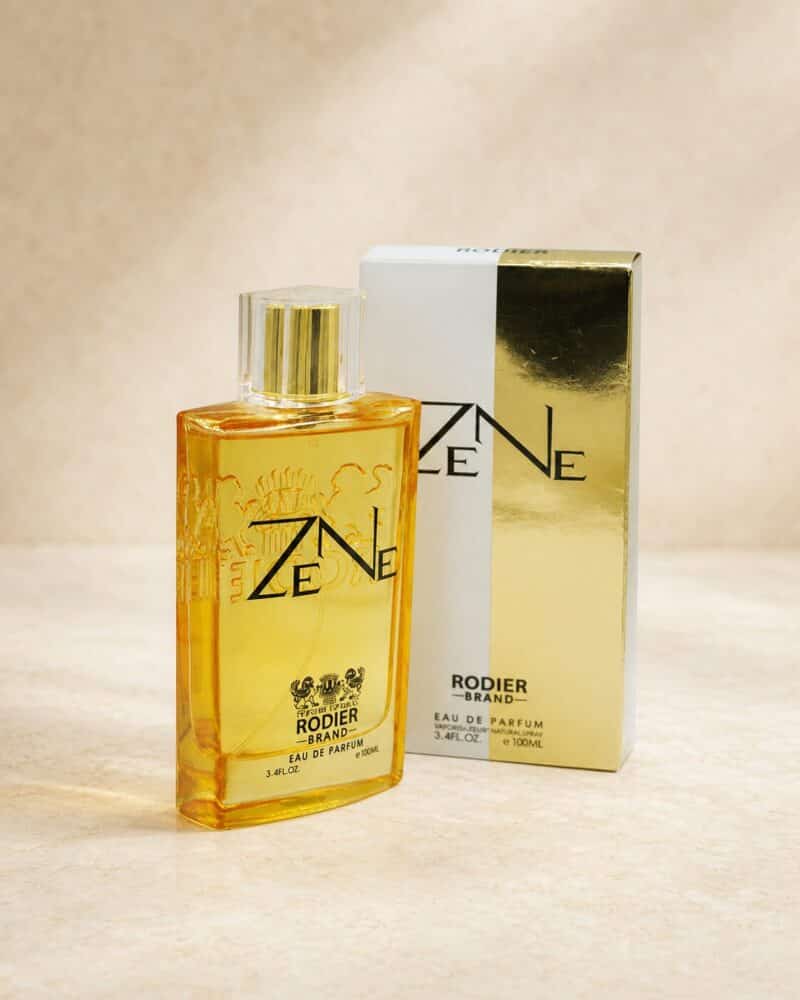 عطر زنانه رودیر ZENE با شیشه زرد و جعبه سفید طلایی