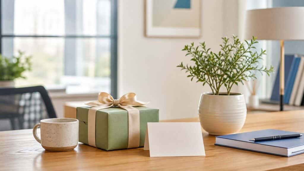 هدیهٔ بسته‌بندی‌شده، ماگ و گیاه رومیزی برای همکار