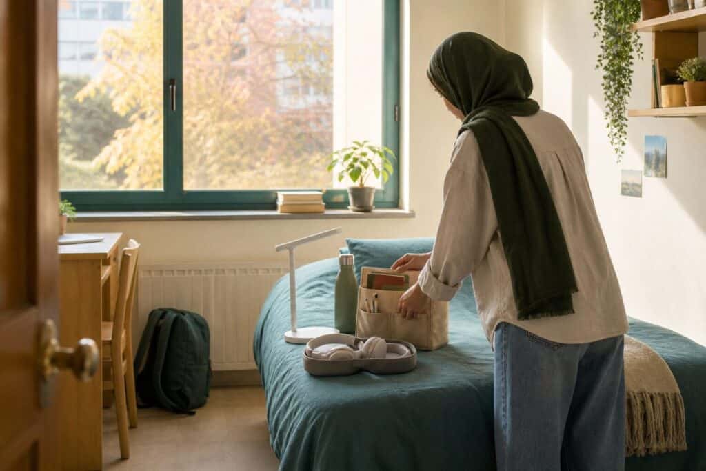 دانشجویی در اتاق خوابگاه که چراغ مطالعه، قمقمه و هدفون را برای شروع ترم مرتب می‌کند