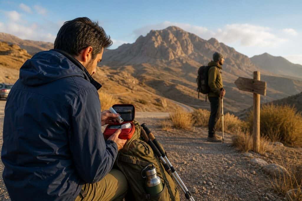 کوهنورد در ابتدای مسیر کوهستان در طلوع آفتاب در حال بررسی کیف کمک‌های اولیه کنار کوله، باتوم و قمقمه