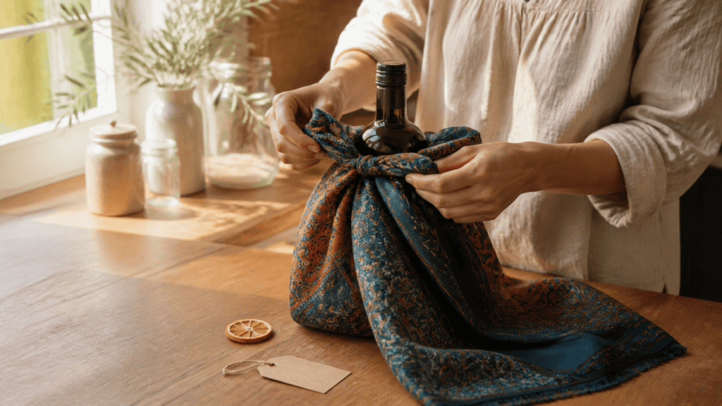 بستن یک بطری هدیه با شال پارچه‌ای طرح‌دار روی میز چوبی در نور عصر