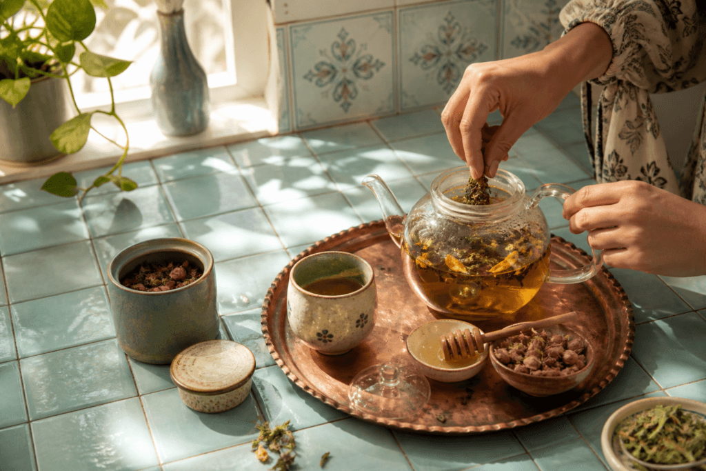 دست‌ها در آشپزخانه روشن در حال دم کردن چای و دم‌نوش در قوری شیشه‌ای روی سینی مسی با فنجان سرامیکی