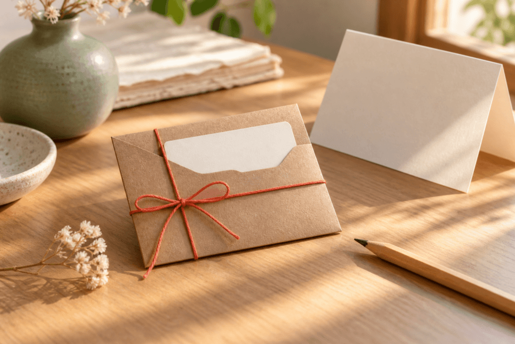 بسته‌بندی کارت هدیه در پاکت کرافت با نخ قرمز و کارت بدون نوشته روی میز چوبی روشن