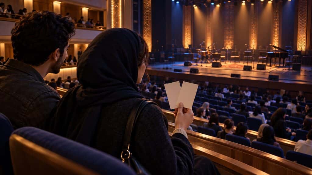 دو نفر با بلیت‌های اجرا از بالکن سالن به صحنهٔ کنسرت نگاه می‌کنند
