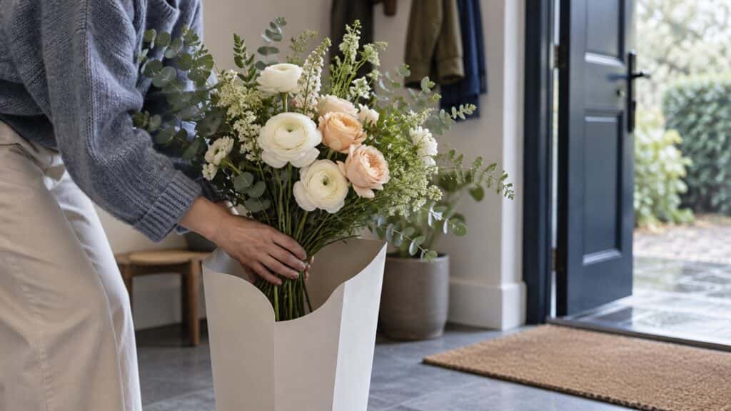دسته‌گل شاخه‌بریده در کاور باز برای حمل سالم هنگام هدیه دادن