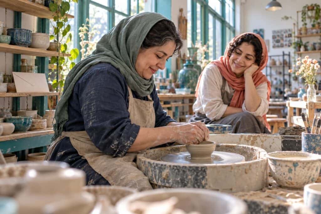فرد خانه‌دار در کارگاه سفالگری به علاقه شخصی خود می‌پردازد
