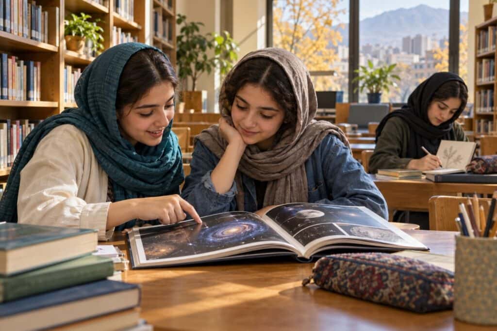 دختران نوجوان ایرانی در کتابخانه در حال مطالعه و گفت‌وگو
