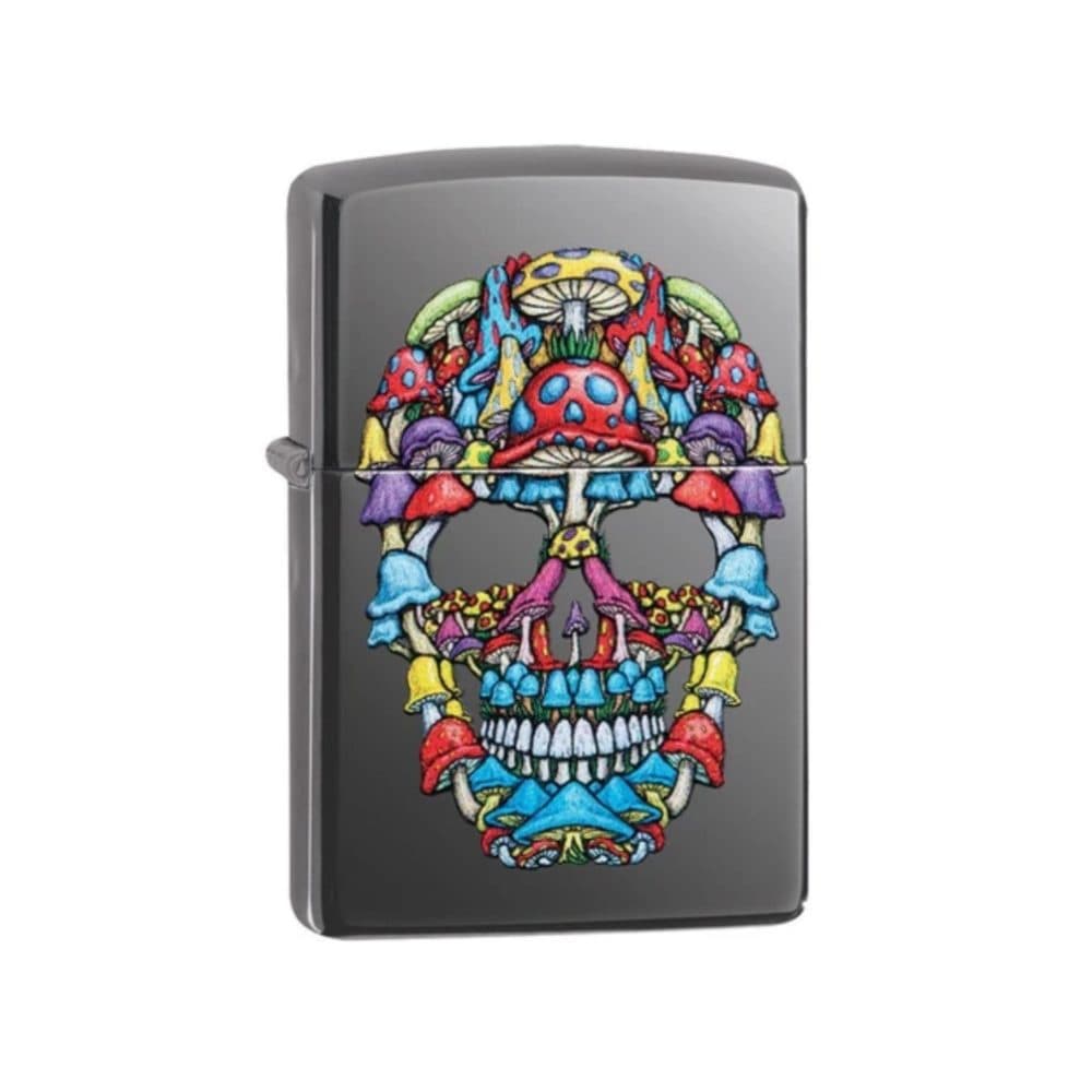 تصویر فندک Zippo مدل Skull Design با طرح جمجمه روی بدنه فلزی براق