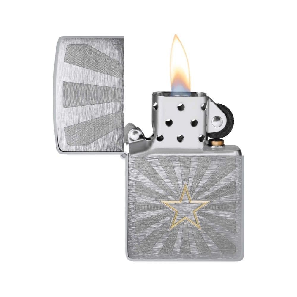 تصویر فندک Zippo مدل Star Design با طرح ستاره براق روی بدنه فلزی
