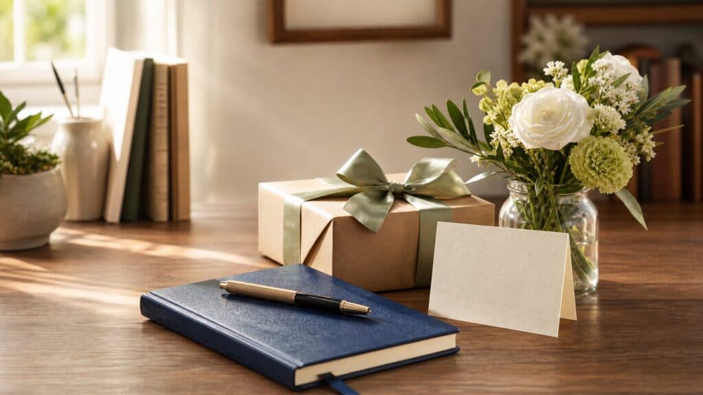 هدیهٔ بسته‌بندی‌شده، کتاب، خودکار و گل برای معلم