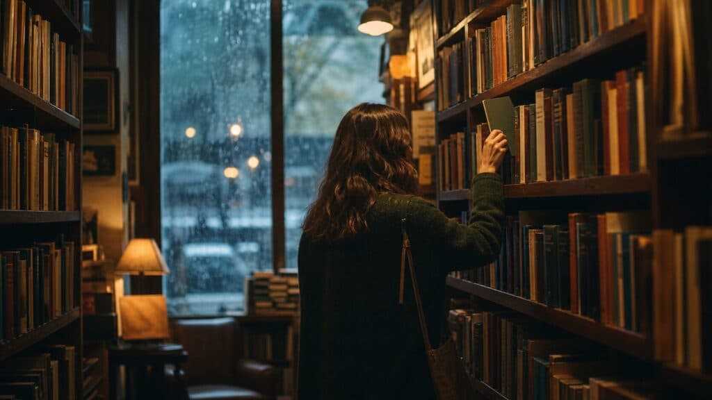 کتاب‌خوانی که در کتاب‌فروشی میان قفسه‌ها کتابی را انتخاب می‌کند
