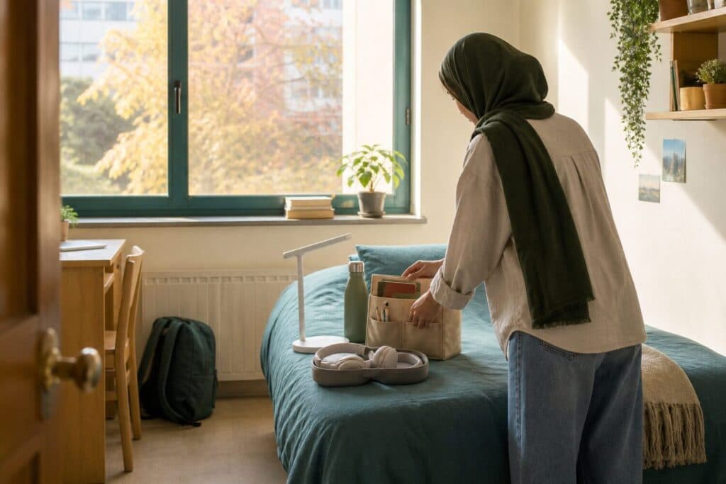 دانشجویی در اتاق خوابگاه که چراغ مطالعه، قمقمه و هدفون را برای شروع ترم مرتب می‌کند