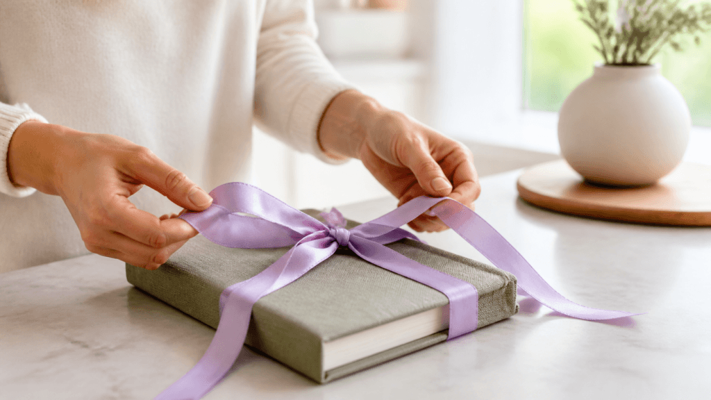 بستن پاپیون روبان یاسی روی هدیه پارچه‌ای و کتاب در فضایی روشن