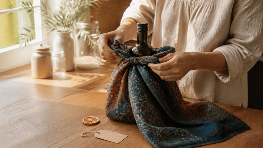 بستن یک بطری هدیه با شال پارچه‌ای طرح‌دار روی میز چوبی در نور عصر