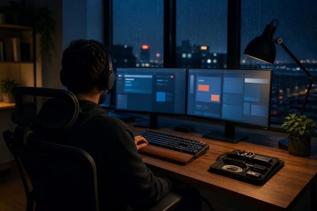 برنامهنویس در فضای کار خانگی شبانه پشت مانیتورها با چراغ رومیزی، کیبورد و نظمدهنده کابل روی میز