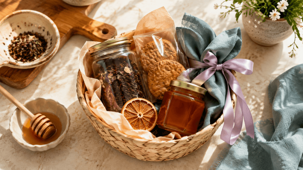 سبد هدیه خوراکی با چای، عسل، کوکی و روبان یاسی