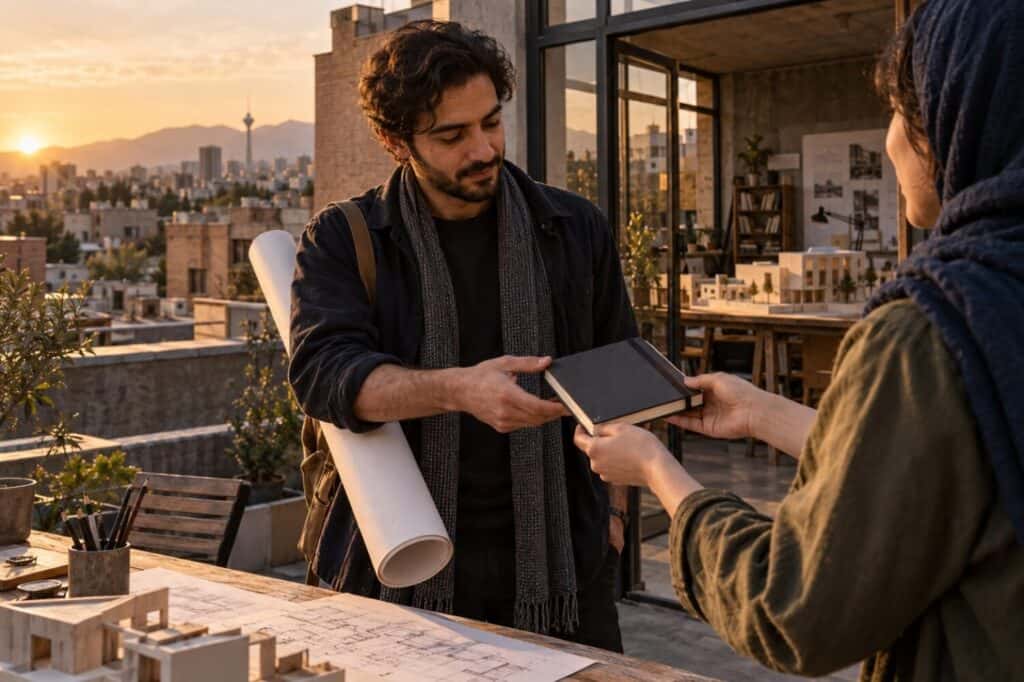 معمار در کنار نقشه و ماکت، دفترچه طراحی را بهعنوان هدیه دریافت میکند