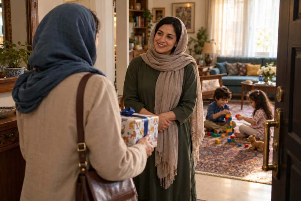 گفتوگوی مهمان با مادر پیش از هدیه دادن به کودک در جشن تولد