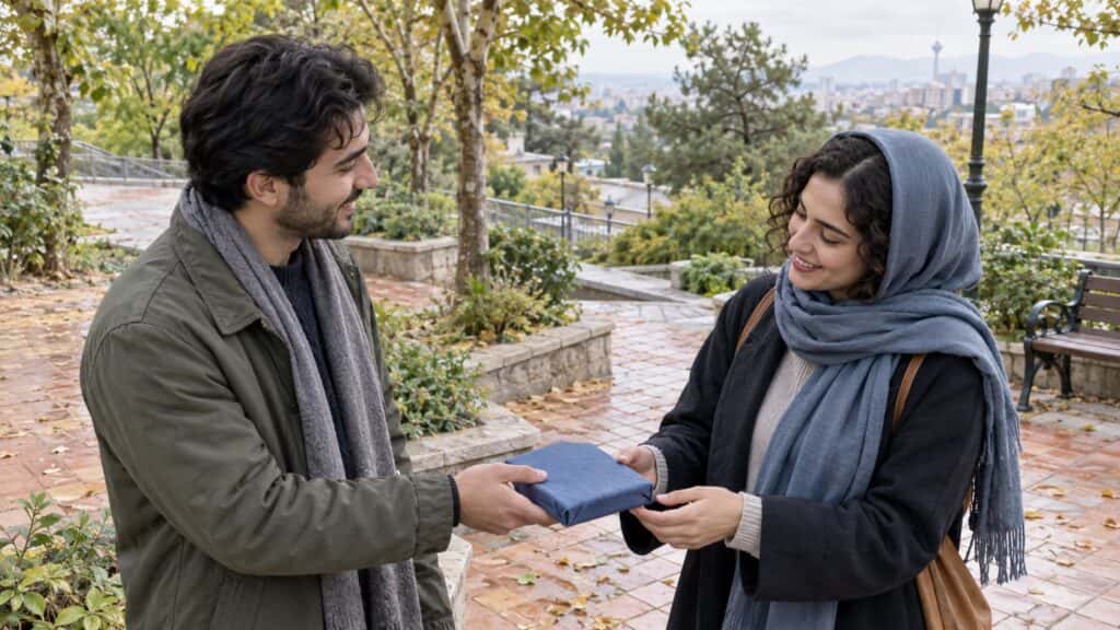 دو دوست در پارک پاییزی یک کادوی تولد دیرهنگام را با آرامش ردوبدل میکنند