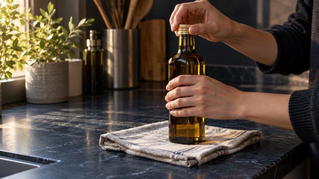 بستن درِ بطری روغن زیتون روی دستمال خشک، پیش از بستهبندی کادویی