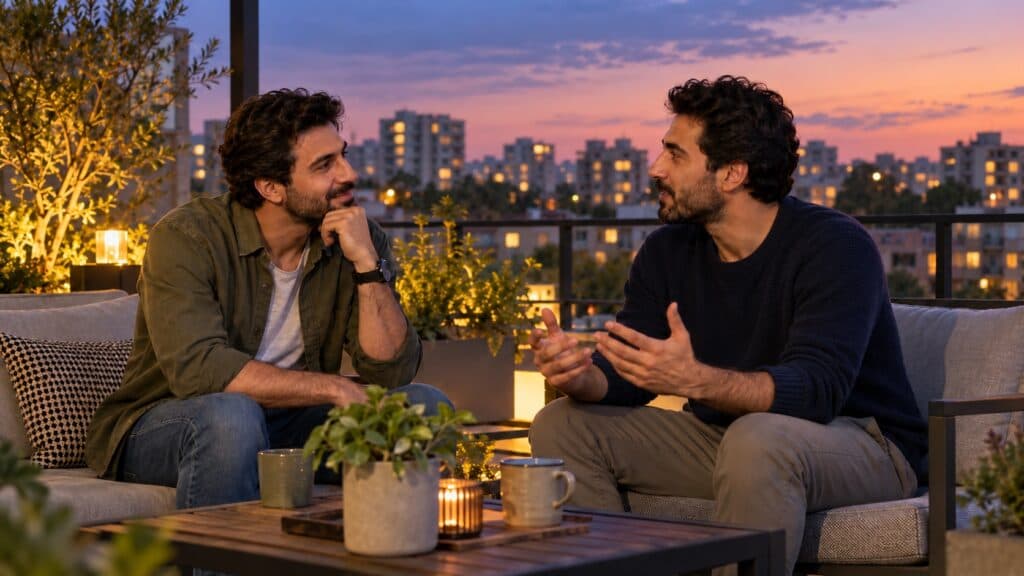 دو دوست در فضای بازِ خانه در حال گفتوگوی آرام هنگام غروب
