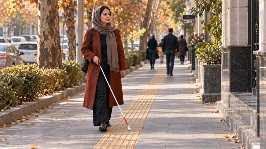 زن نابینا با عصای سفید در پیادهروی پاییزیِ دارای مسیر برجسته حرکت میکند